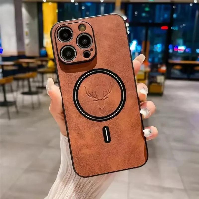 Premium iPhone Case Magnetic Deer Head Leather Cover Wireless Charging Compatible Shockproof Soft Protective Case with Matte Anti Fingerprint Finish