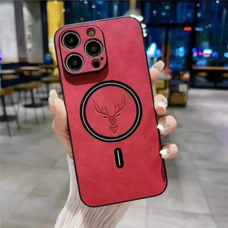 Premium iPhone Case Magnetic Deer Head Leather Cover Wireless Charging Compatible Shockproof Soft Protective Case with Matte Anti Fingerprint Finish