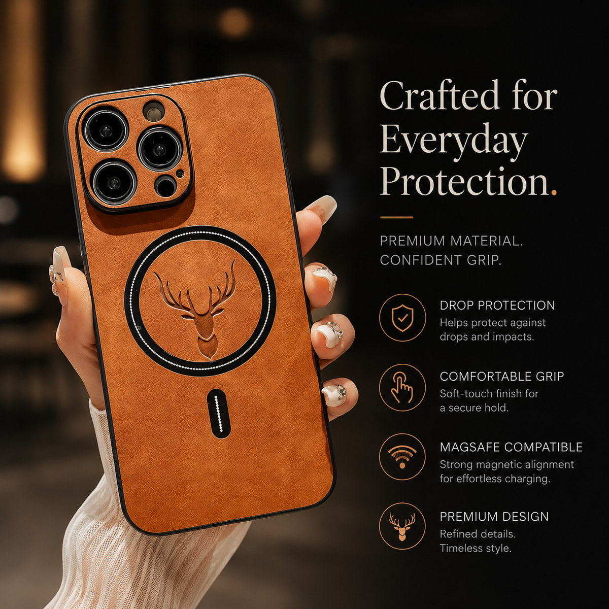 Premium iPhone Case Magnetic Deer Head Leather Cover Wireless Charging Compatible Shockproof Soft Protective Case with Matte Anti Fingerprint Finish