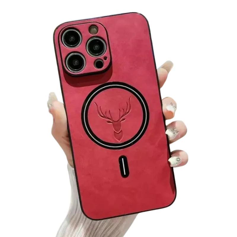 Premium iPhone Case Magnetic Deer Head Leather Cover Wireless Charging Compatible Shockproof Soft Protective Case with Matte Anti Fingerprint Finish