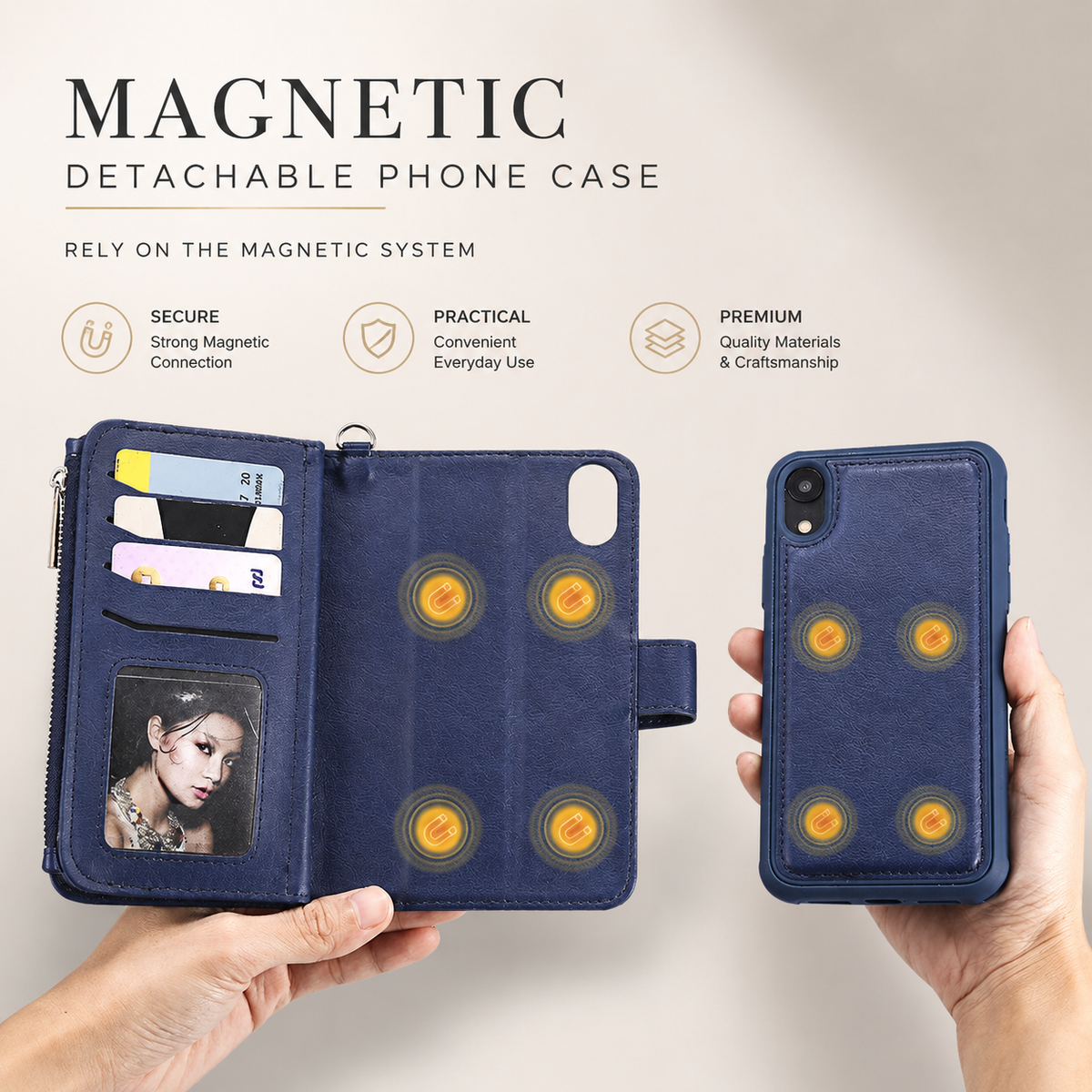 Premium iPhone Case Magnetic Detachable Wallet Flip Cover PU Leather Card Holder Stand Feature Full Protection