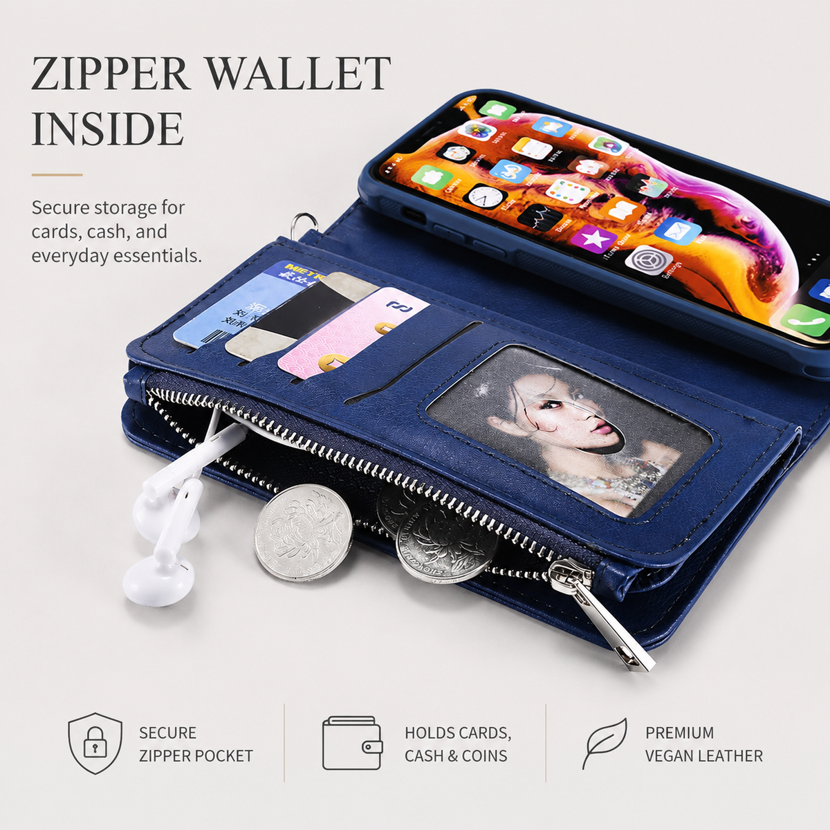Premium iPhone Case Magnetic Detachable Wallet Flip Cover PU Leather Card Holder Stand Feature Full Protection
