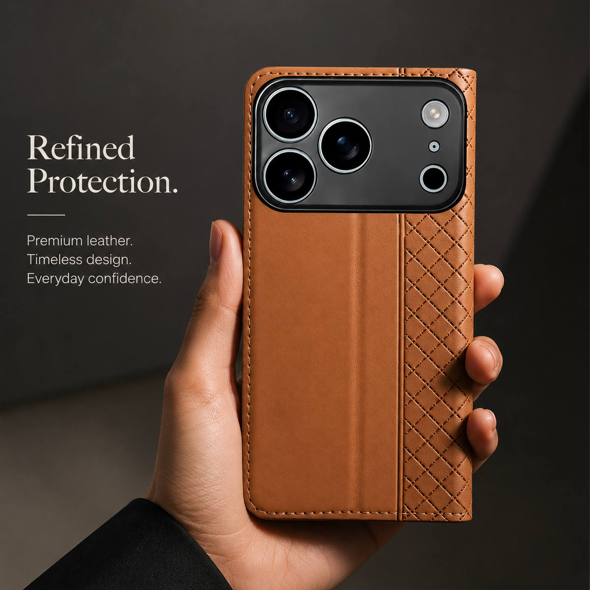 Premium iPhone Case Magnetic Flip Wallet Cover with Grid Pattern Cowhide Leather Kickstand Function Full Protection TPU Bumper Design