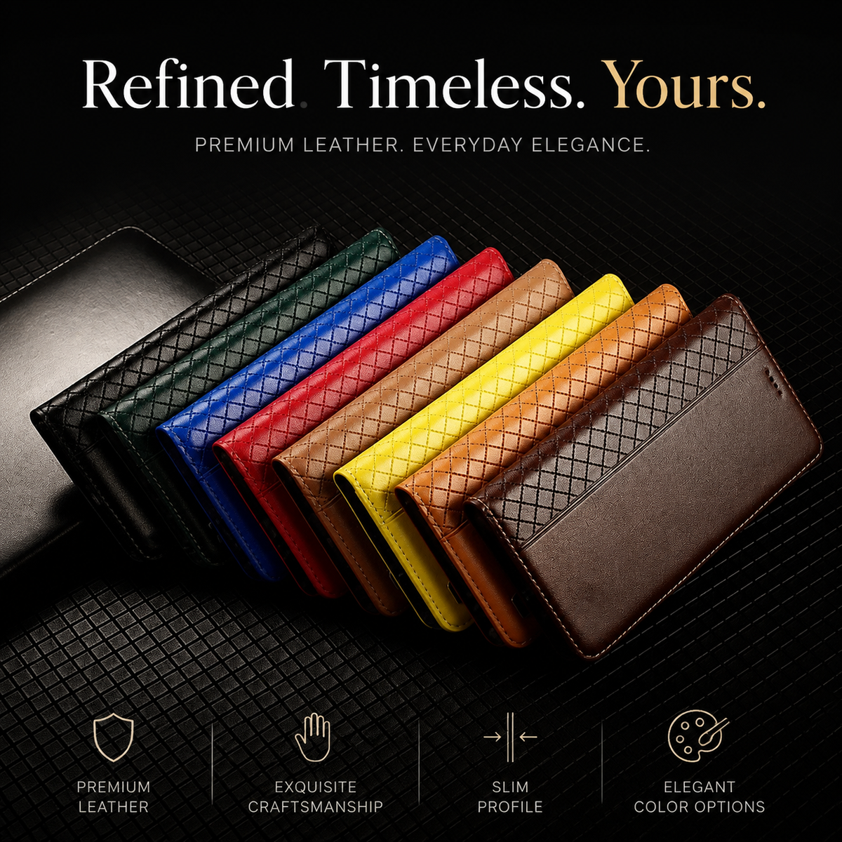 Premium iPhone Case Magnetic Flip Wallet Cover with Grid Pattern Cowhide Leather Kickstand Function Full Protection TPU Bumper Design