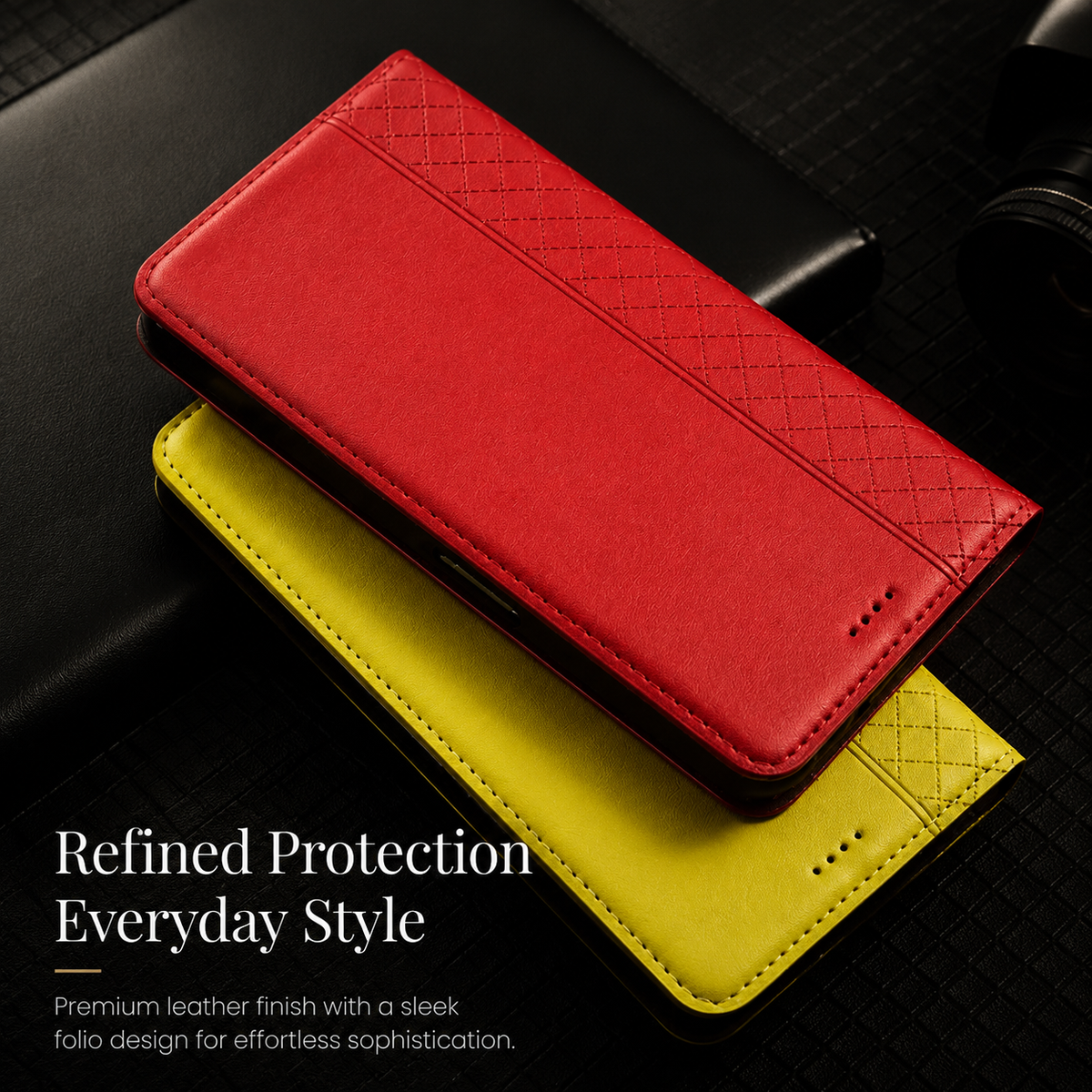 Premium iPhone Case Magnetic Flip Wallet Cover with Grid Pattern Cowhide Leather Kickstand Function Full Protection TPU Bumper Design