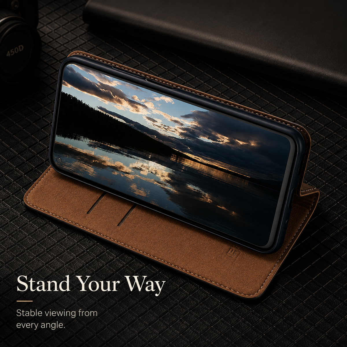Premium iPhone Case Magnetic Flip Wallet Cover with Grid Pattern Cowhide Leather Kickstand Function Full Protection TPU Bumper Design