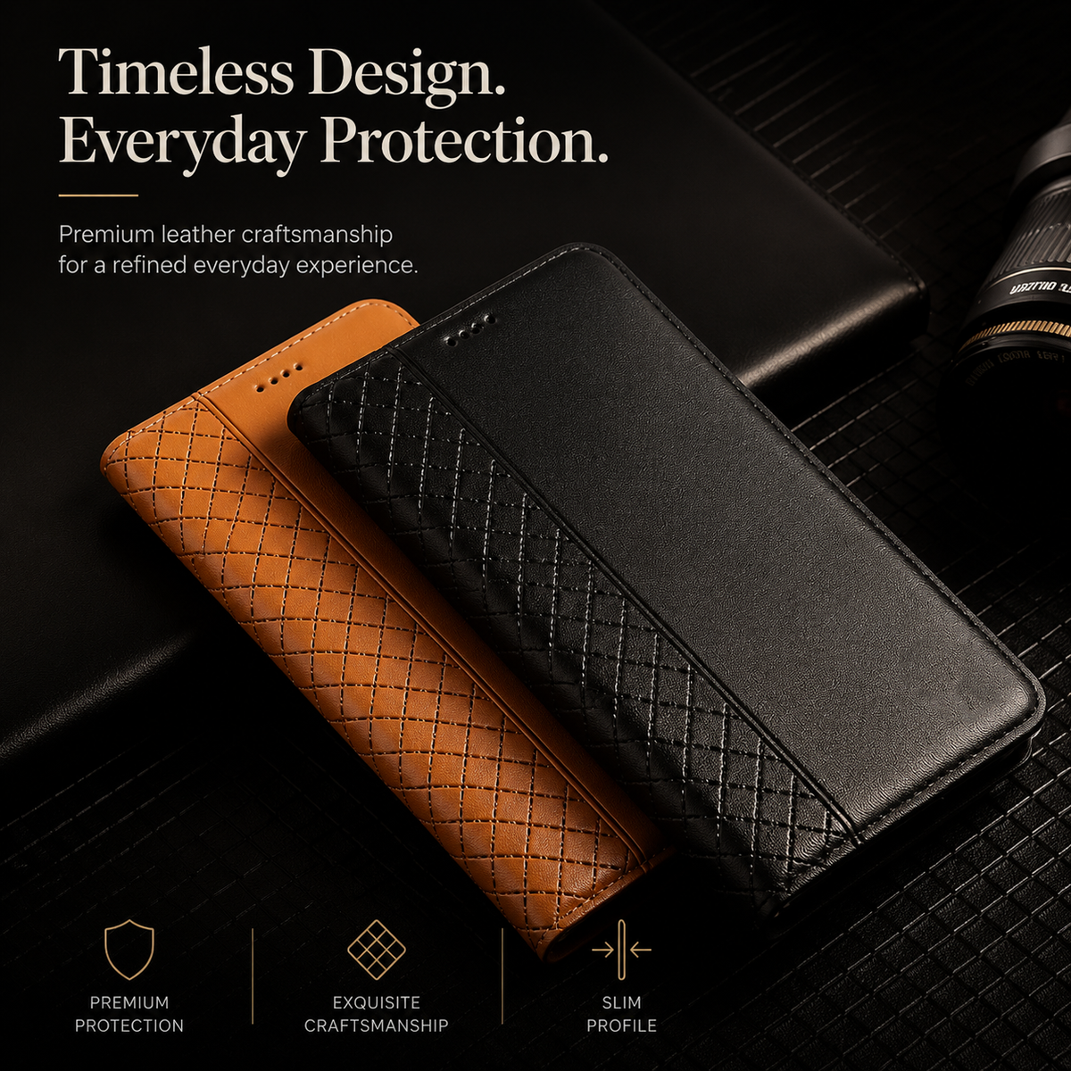 Premium iPhone Case Magnetic Flip Wallet Cover with Grid Pattern Cowhide Leather Kickstand Function Full Protection TPU Bumper Design