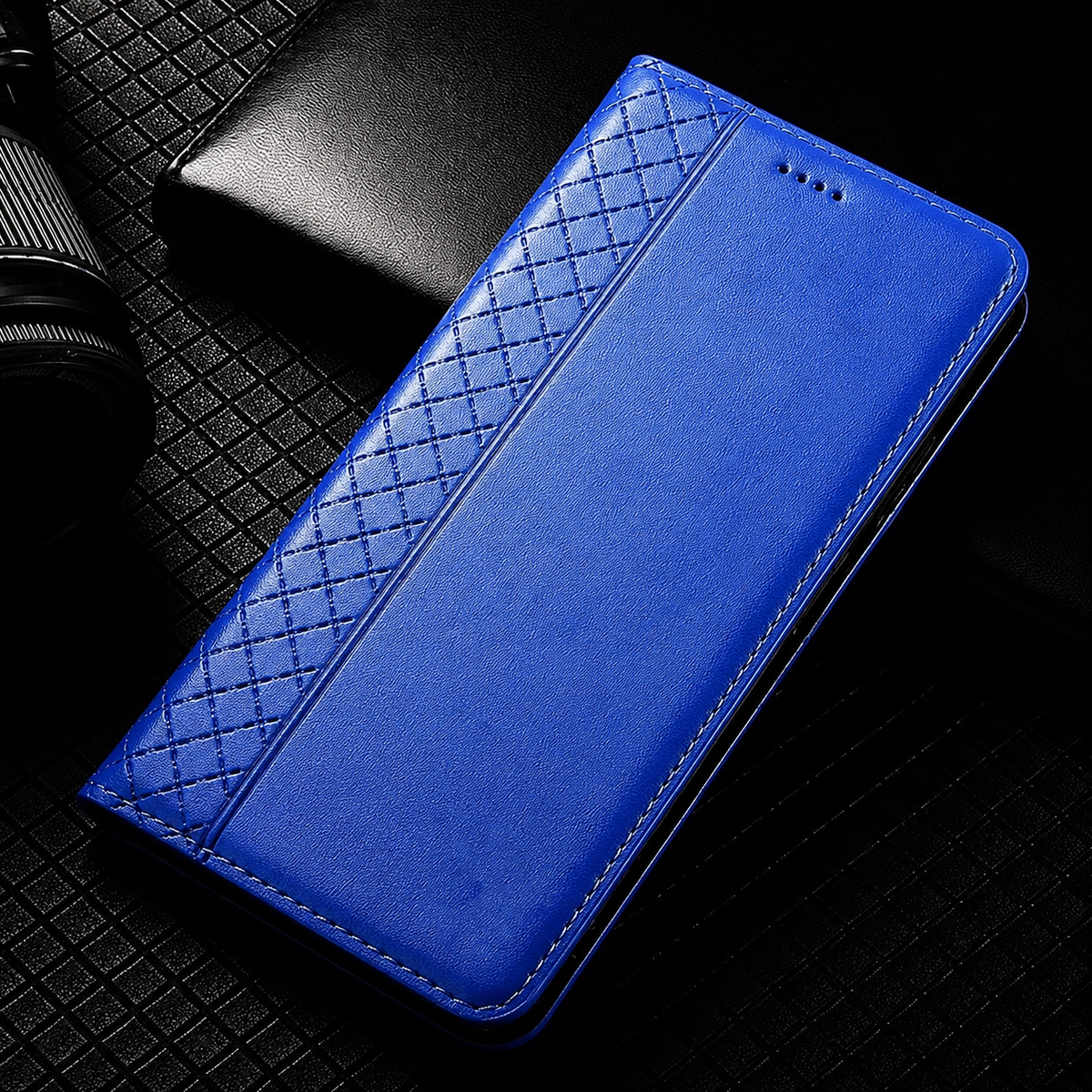 Premium iPhone Case Magnetic Flip Wallet Cover with Grid Pattern Cowhide Leather Kickstand Function Full Protection TPU Bumper Design