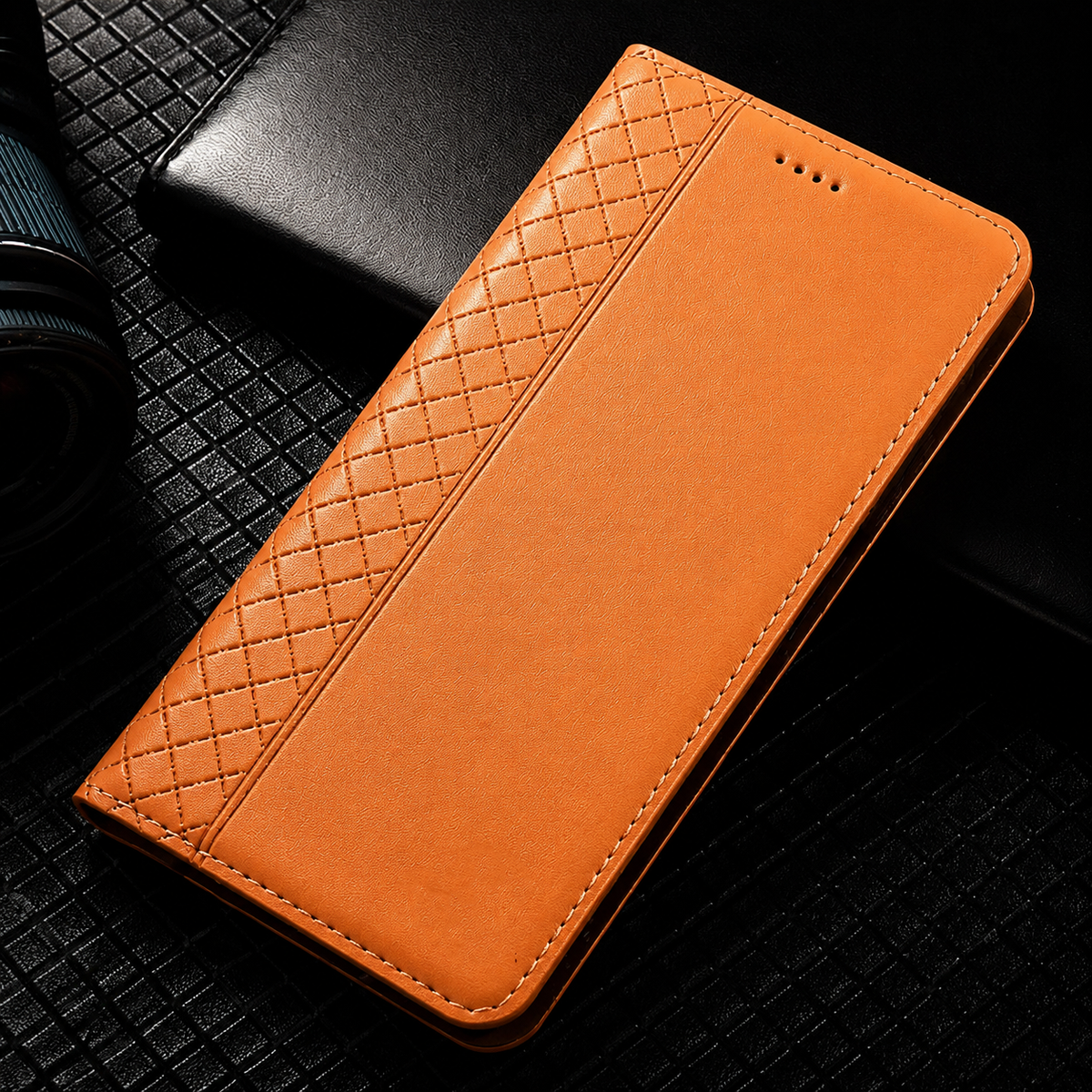 Premium iPhone Case Magnetic Flip Wallet Cover with Grid Pattern Cowhide Leather Kickstand Function Full Protection TPU Bumper Design