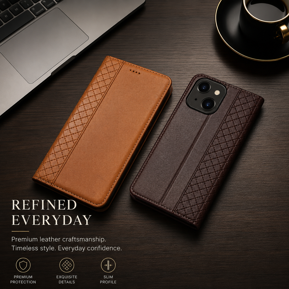 Premium iPhone Case Magnetic Flip Wallet Cover with Grid Pattern Cowhide Leather Kickstand Function Full Protection TPU Bumper Design