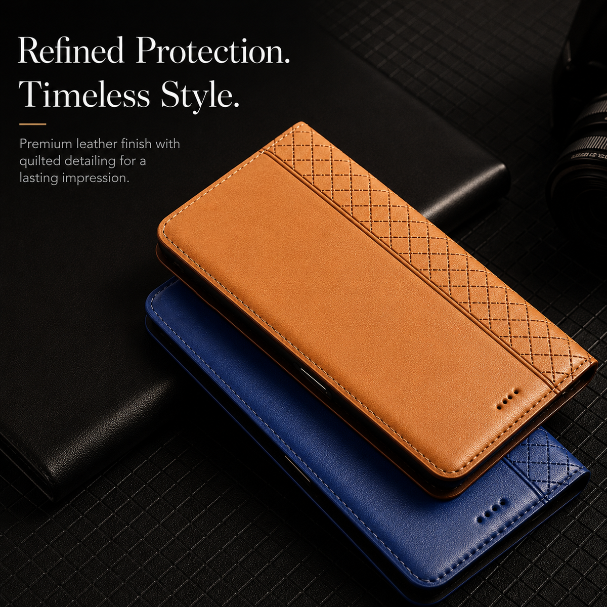Premium iPhone Case Magnetic Flip Wallet Cover with Grid Pattern Cowhide Leather Kickstand Function Full Protection TPU Bumper Design