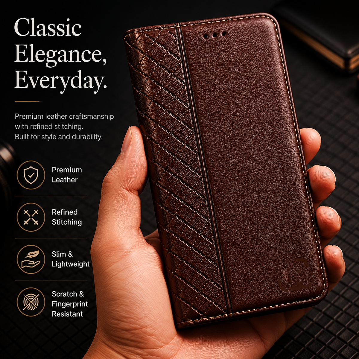 Premium iPhone Case Magnetic Flip Wallet Cover with Grid Pattern Cowhide Leather Kickstand Function Full Protection TPU Bumper Design