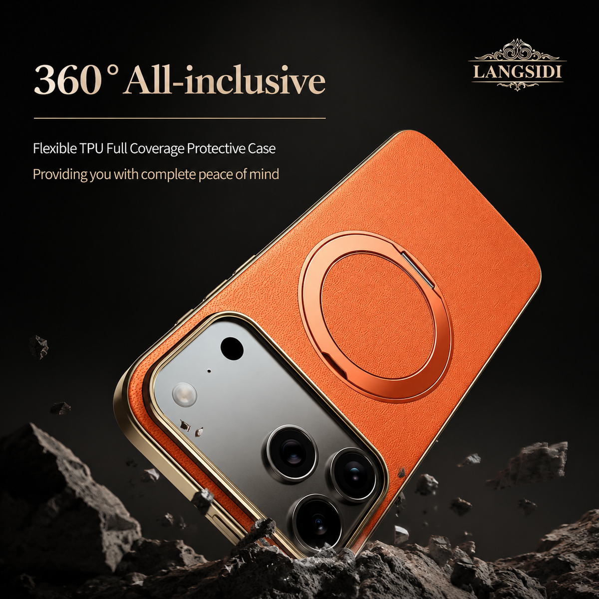 Premium iPhone Case Magnetic Leather Protective Cover Rotating Ring Holder Shockproof Full Lens Protection Slim PC TPU Full Coverage