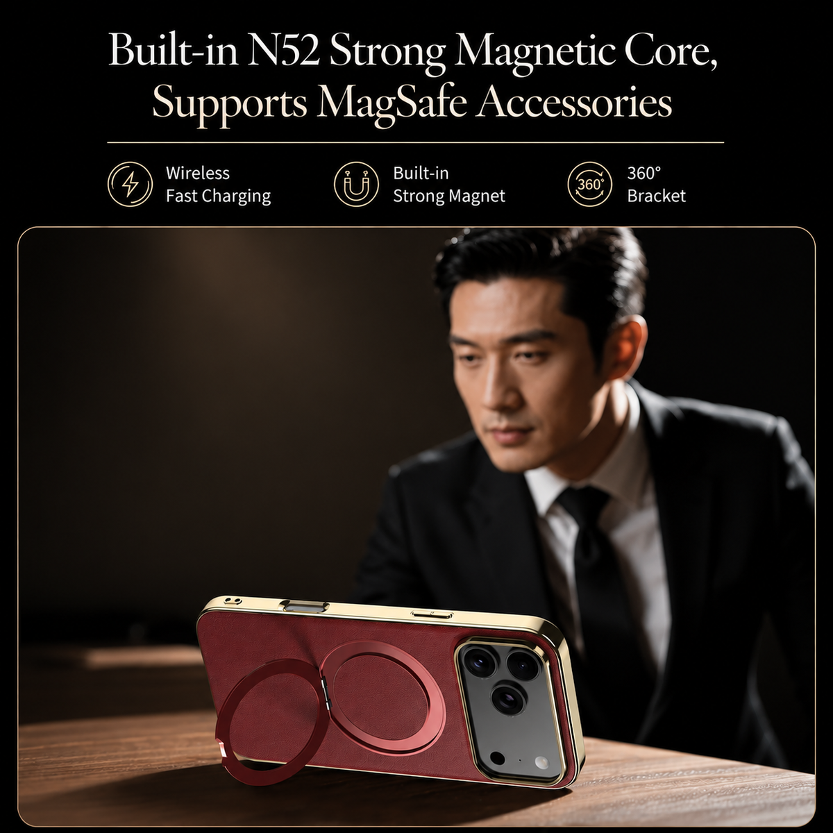 Premium iPhone Case Magnetic Leather Protective Cover Rotating Ring Holder Shockproof Full Lens Protection Slim PC TPU Full Coverage