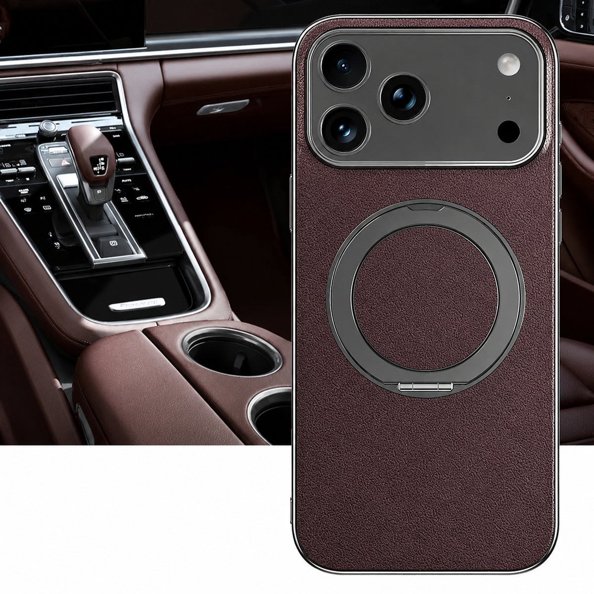 Premium iPhone Case Magnetic Leather Protective Cover Rotating Ring Holder Shockproof Full Lens Protection Slim PC TPU Full Coverage