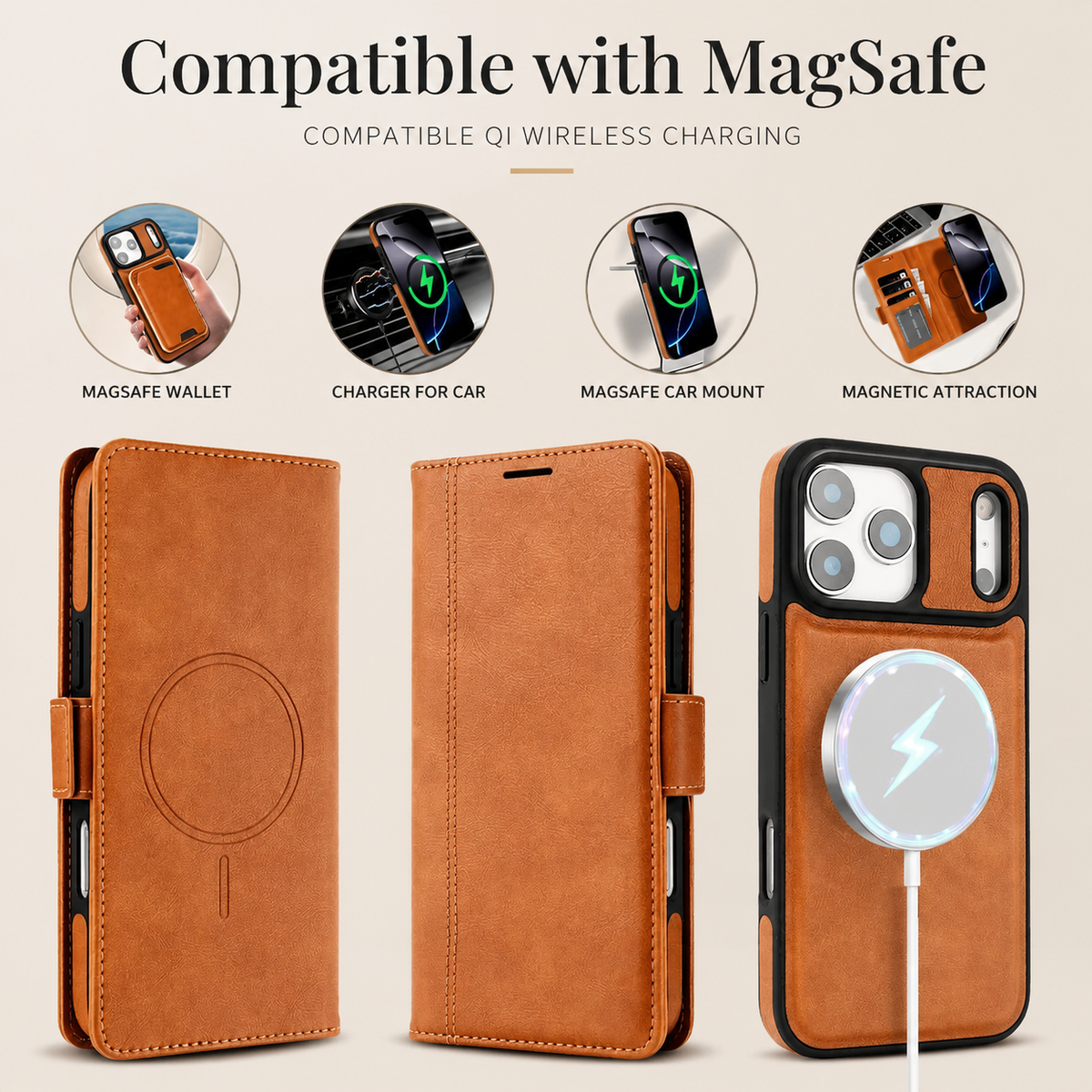 Premium iPhone Case Magnetic Leather Wallet Cover Flip Card Holder MagSafe Dual Layer Shockproof Matte Protection