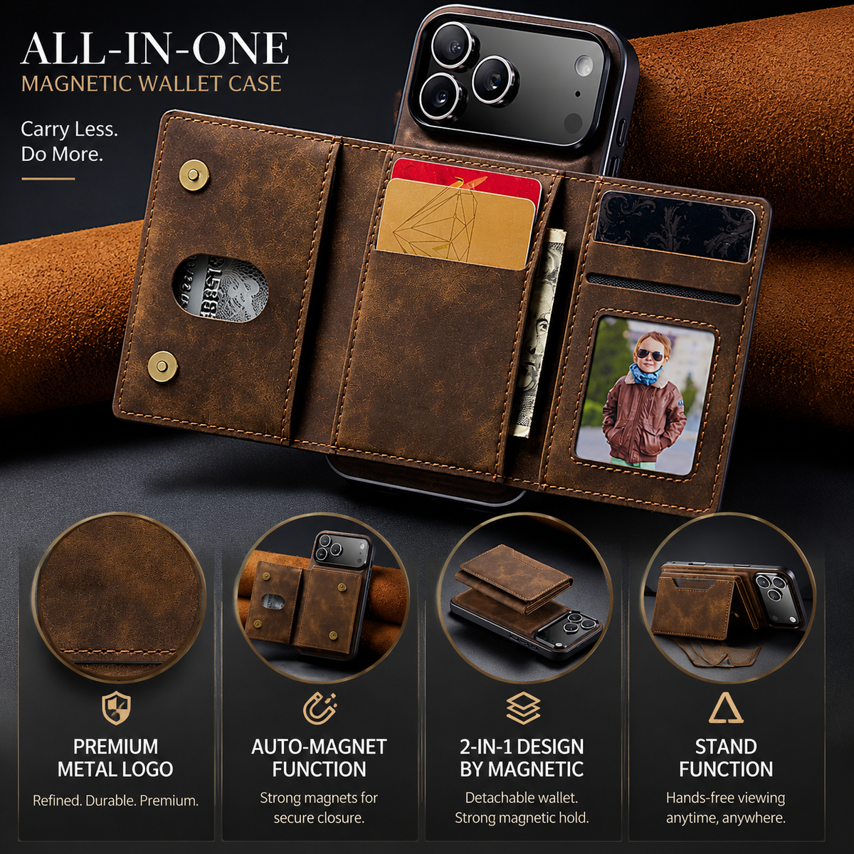 Premium iPhone Case Magnetic Leather Wallet Cover Kickstand Card Holder Money Storage Shockproof Protective Design