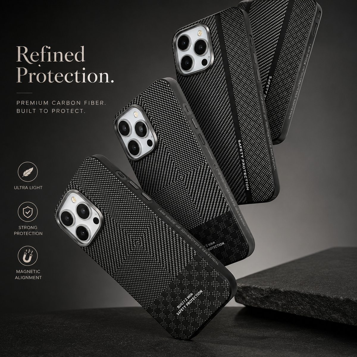 Premium iPhone Case Matte Carbon Fiber Magnetic Shockproof Hybrid Protective Cover with Metal Camera Frame