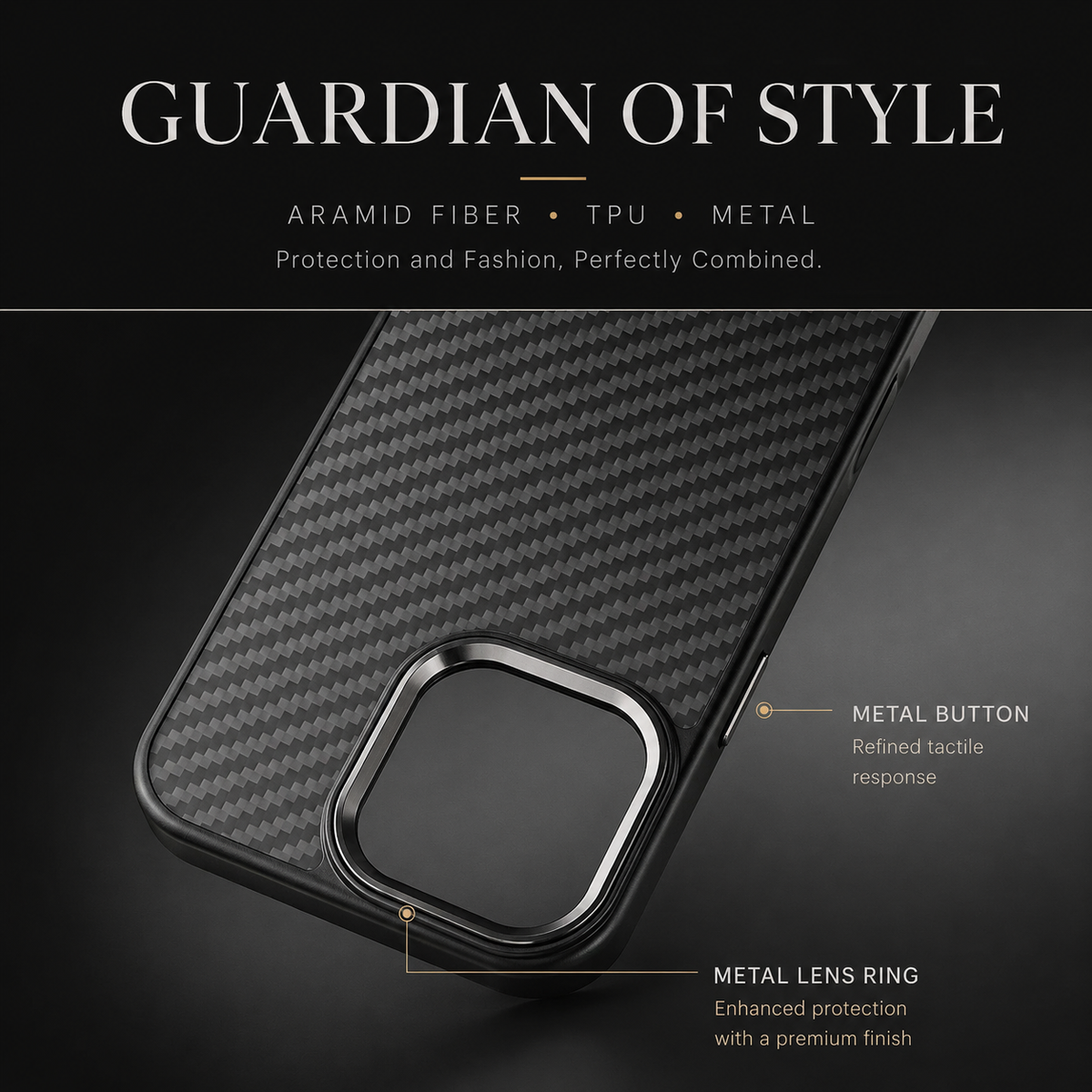 Premium iPhone Case Metal Frame Carbon Fiber Aramid Armor Cover Shockproof Full Coverage Wireless Charging Compatible Protective Design
