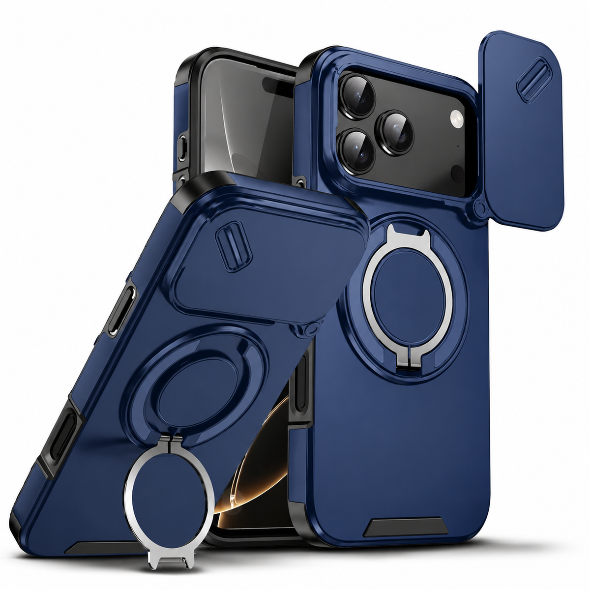Premium iPhone Case Military Armor Magnetic Ring Stand Shockproof Protective Cover Full Lens Protection Dual Layer Full Coverage