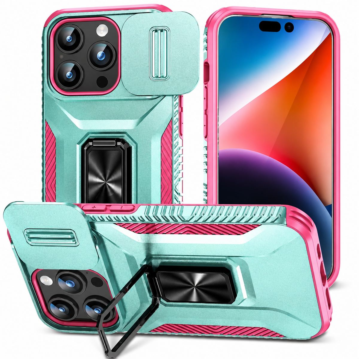 Premium iPhone Case Military Grade Shockproof Anti Slip Cover with Slide Camera Lens Protection Rotary Stand Heavy Duty Protective Design