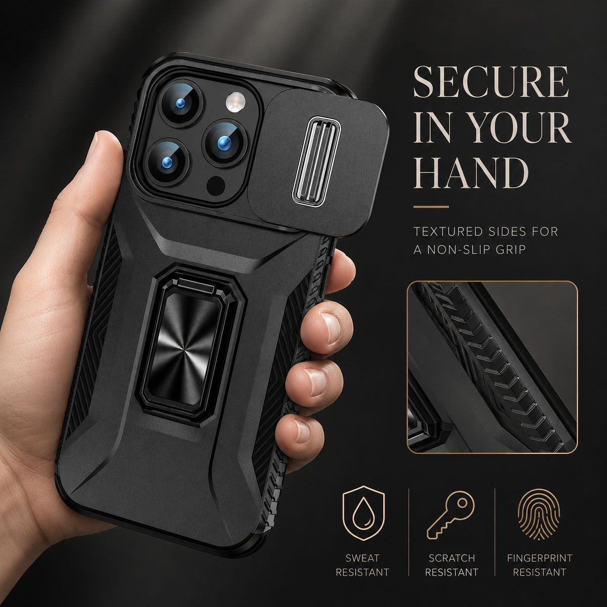 Premium iPhone Case Military Grade Shockproof Anti Slip Cover with Slide Camera Lens Protection Rotary Stand Heavy Duty Protective Design