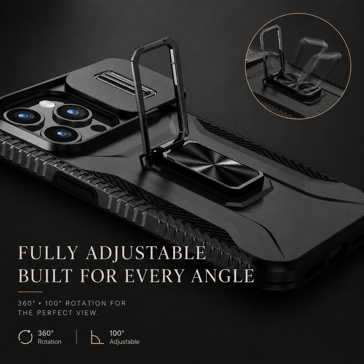 Premium iPhone Case Military Grade Shockproof Anti Slip Cover with Slide Camera Lens Protection Rotary Stand Heavy Duty Protective Design