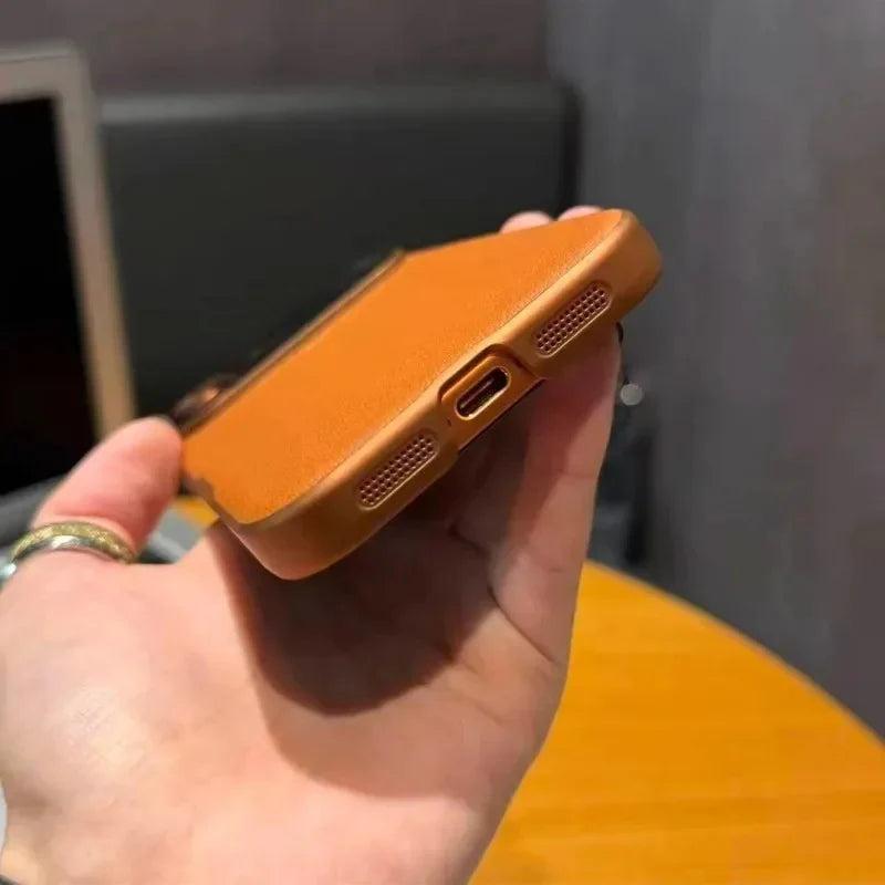 Premium iPhone Case Plain Leather Magnetic Cover MagSafe Compatible Anti Fingerprint Anti Scratch Slim Half Wrapped Protective Case with Heat Dissipation Side Vents