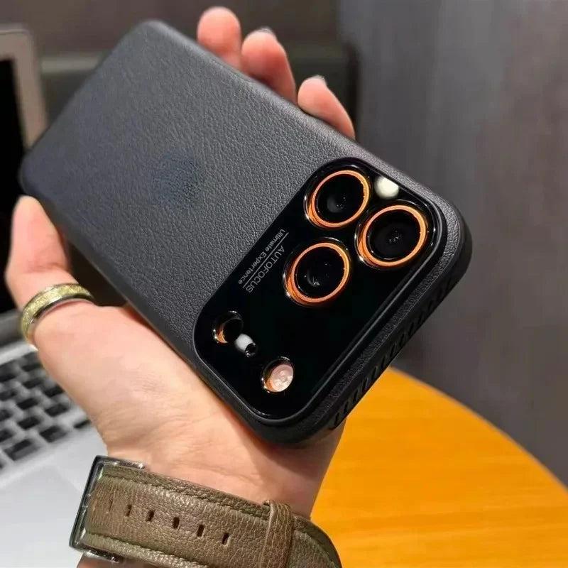 Premium iPhone Case Plain Leather Magnetic Cover MagSafe Compatible Anti Fingerprint Anti Scratch Slim Half Wrapped Protective Case with Heat Dissipation Side Vents