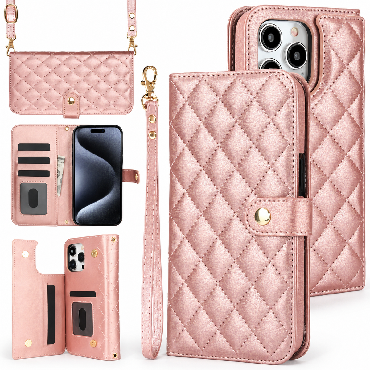 Premium iPhone Case RFID Blocking Wallet Crossbody Flip Cover PU Leather Card Holder Shockproof Full Protection