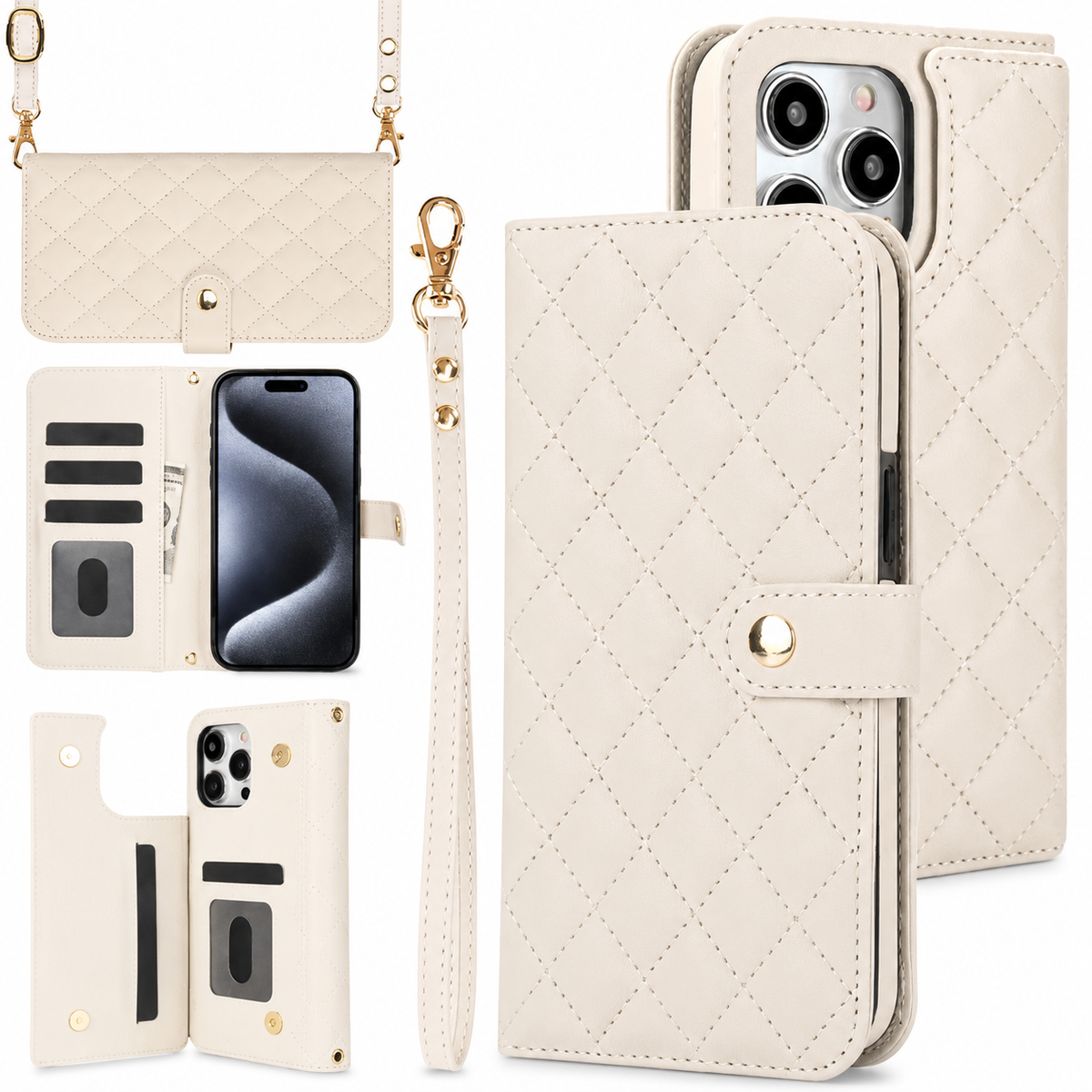 Premium iPhone Case RFID Blocking Wallet Crossbody Flip Cover PU Leather Card Holder Shockproof Full Protection