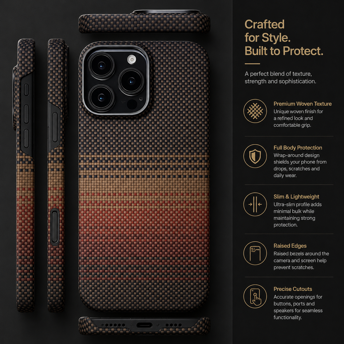 Premium iPhone Case Real Carbon Fiber Aramid Ultra Thin Full Coverage Cover Shockproof Anti Fingerprint Lightweight Protective Design