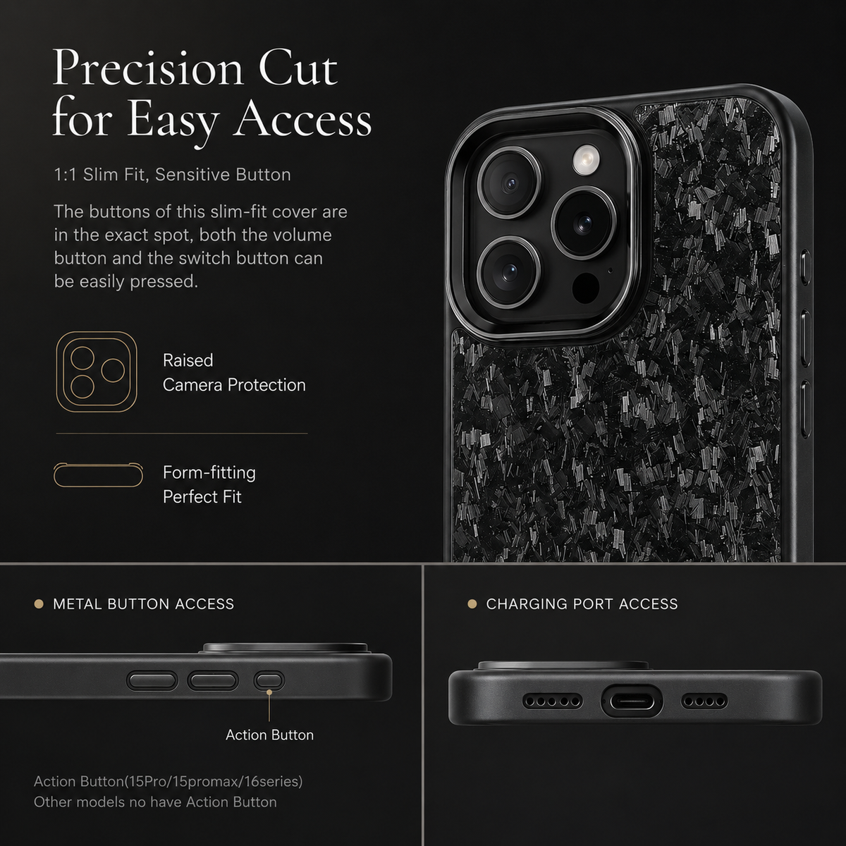 Premium iPhone Case Real Forged Carbon Fiber MagSafe Cover Metal Lens Accents Shockproof Dual Layer Protection