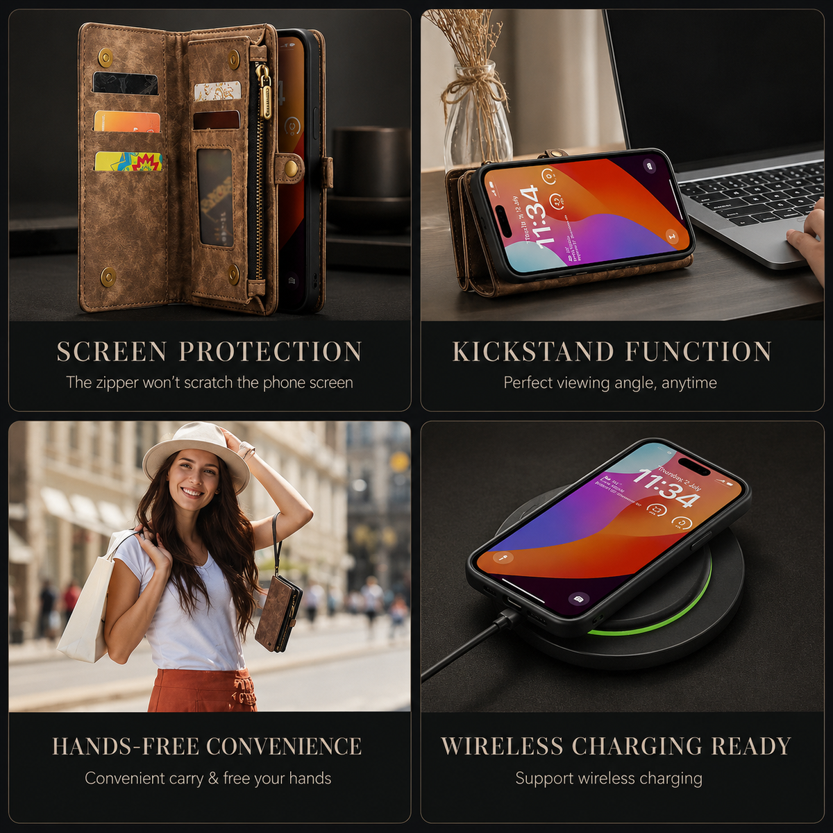 Premium iPhone Case Removable Magnetic Wallet Cover Metal Zipper 8 Slot Card Purse Leather Protection