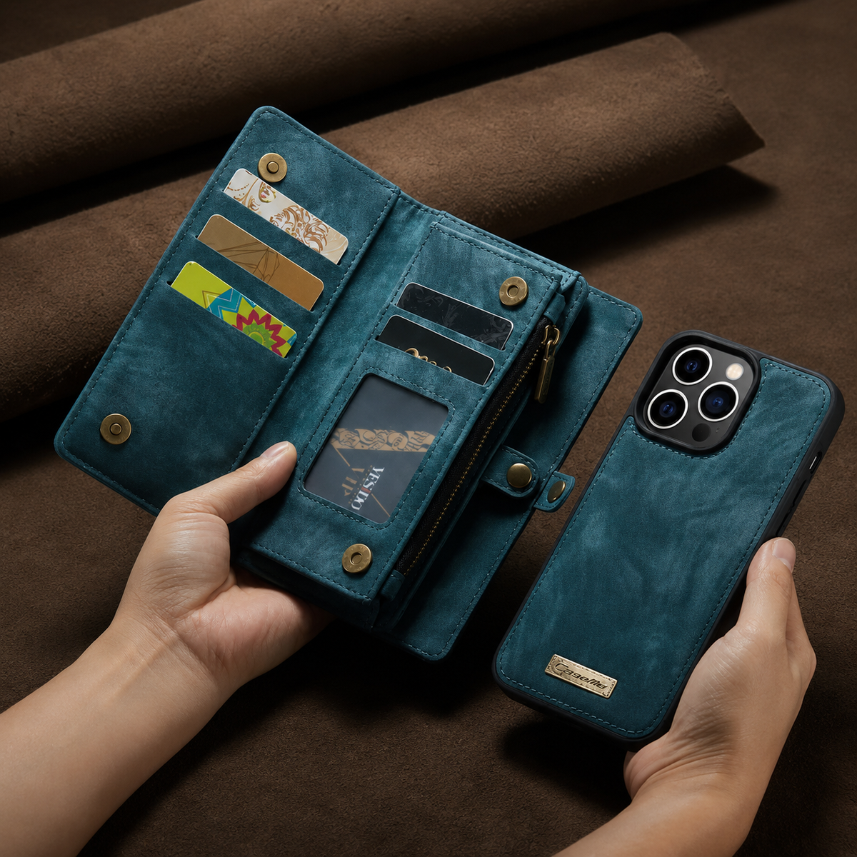 Premium iPhone Case Removable Magnetic Wallet Cover Metal Zipper 8 Slot Card Purse Leather Protection