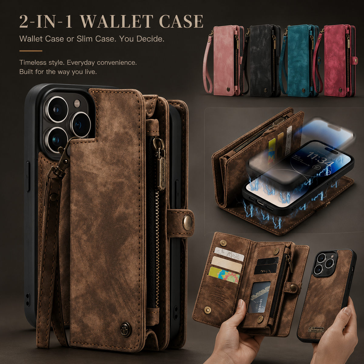 Premium iPhone Case Removable Magnetic Wallet Cover Metal Zipper 8 Slot Card Purse Leather Protection