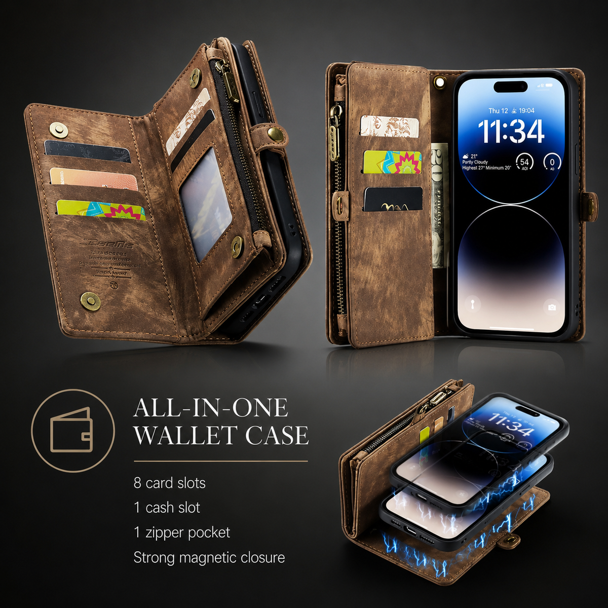 Premium iPhone Case Removable Magnetic Wallet Cover Metal Zipper 8 Slot Card Purse Leather Protection