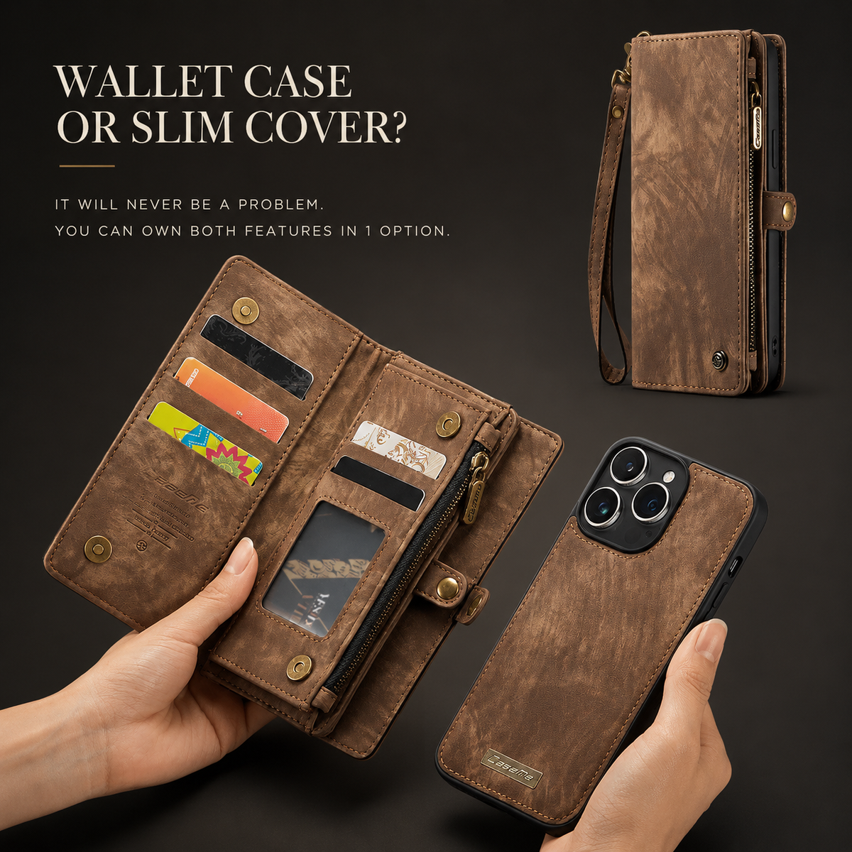 Premium iPhone Case Removable Magnetic Wallet Cover Metal Zipper 8 Slot Card Purse Leather Protection