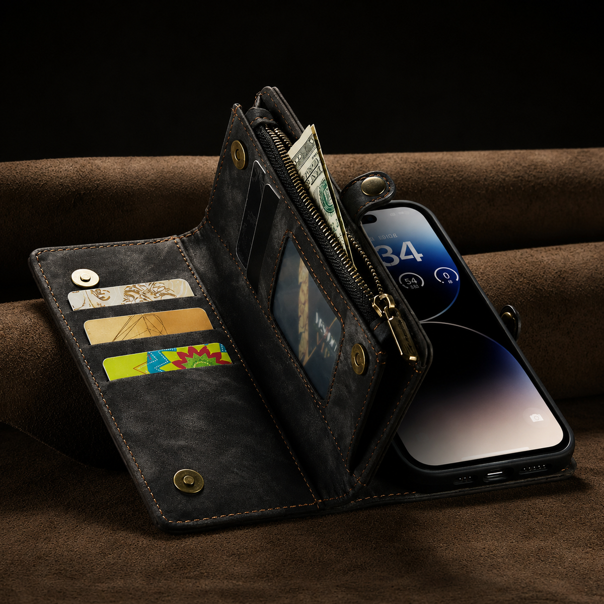 Premium iPhone Case Removable Magnetic Wallet Cover Metal Zipper 8 Slot Card Purse Leather Protection
