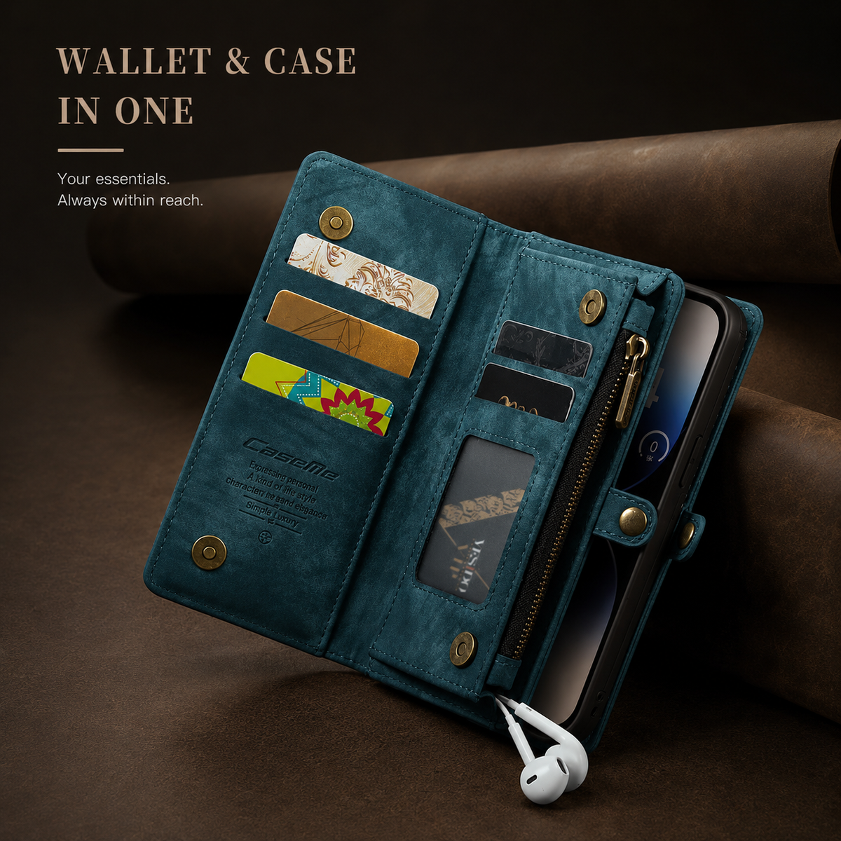 Premium iPhone Case Removable Magnetic Wallet Cover Metal Zipper 8 Slot Card Purse Leather Protection