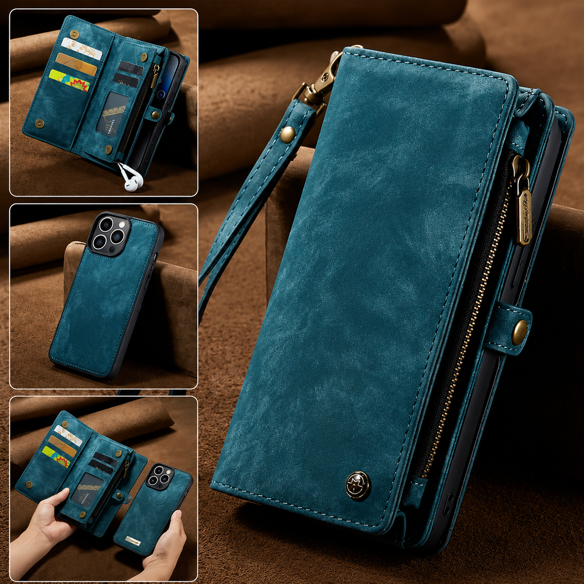 Premium iPhone Case Removable Magnetic Wallet Cover Metal Zipper 8 Slot Card Purse Leather Protection