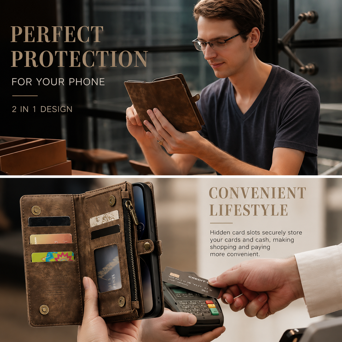 Premium iPhone Case Removable Magnetic Wallet Cover Metal Zipper 8 Slot Card Purse Leather Protection