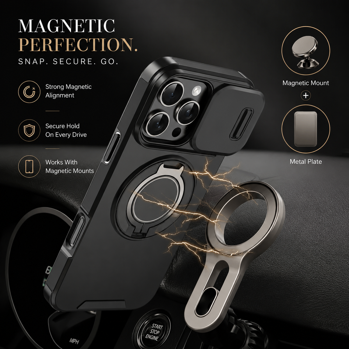 Premium iPhone Case Rugged Magnetic Armor Protective Cover Slide Camera Protection Shockproof PC TPU Anti Fingerprint Full Coverage