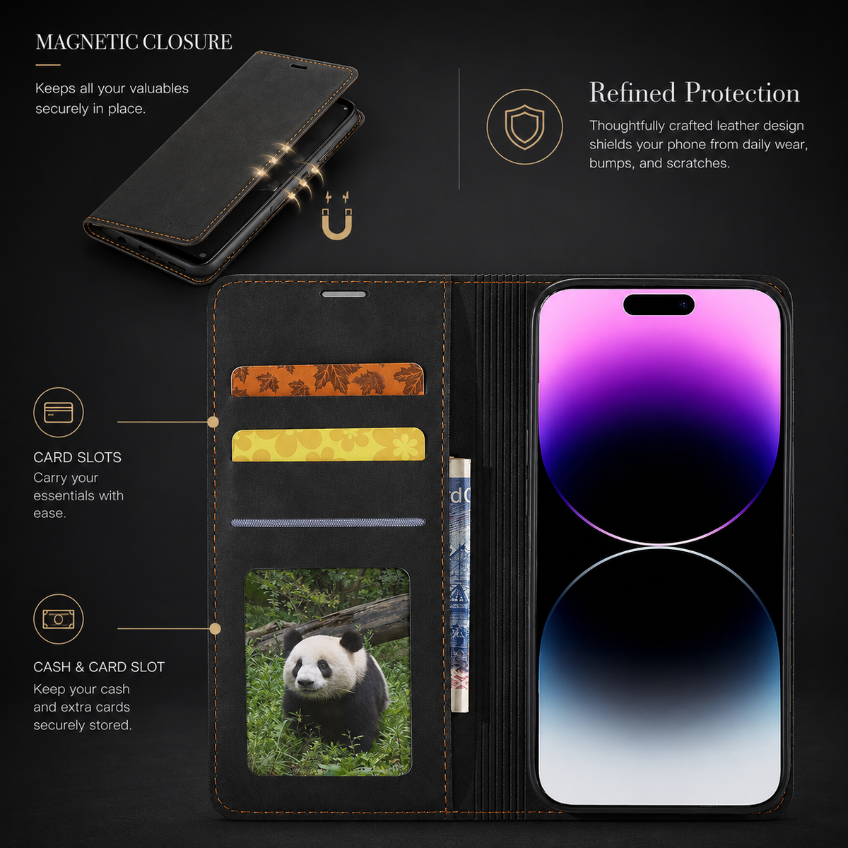 Premium iPhone Case Suede Leather Wallet Flip Cover Card Holder Magnetic Closure Full Body Protection