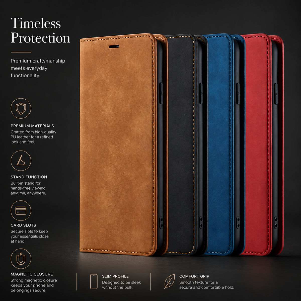 Premium iPhone Case Suede Leather Wallet Flip Cover Card Holder Magnetic Closure Full Body Protection