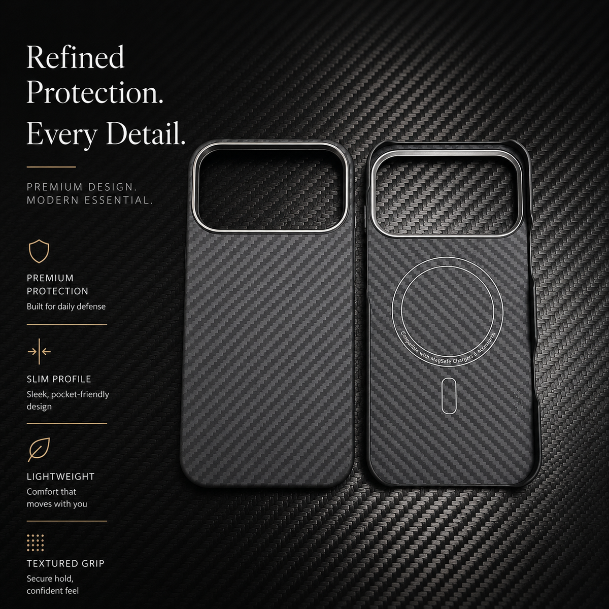 Premium iPhone Case Thin Aramid Fiber MagSafe Cover Ultra Lightweight Carbon Texture Half Wrapped Protective Case