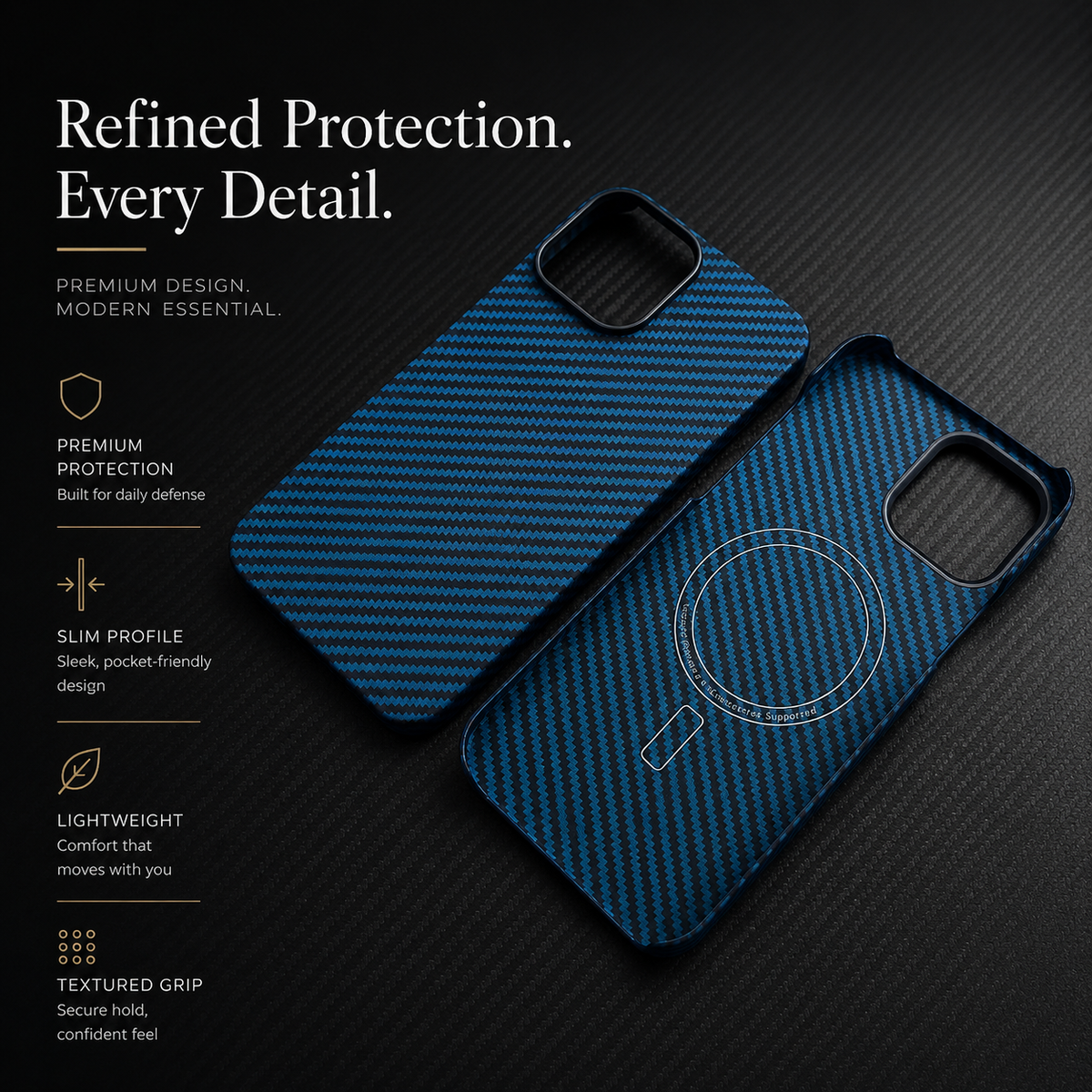 Premium iPhone Case Thin Aramid Fiber MagSafe Cover Ultra Lightweight Carbon Texture Half Wrapped Protective Case