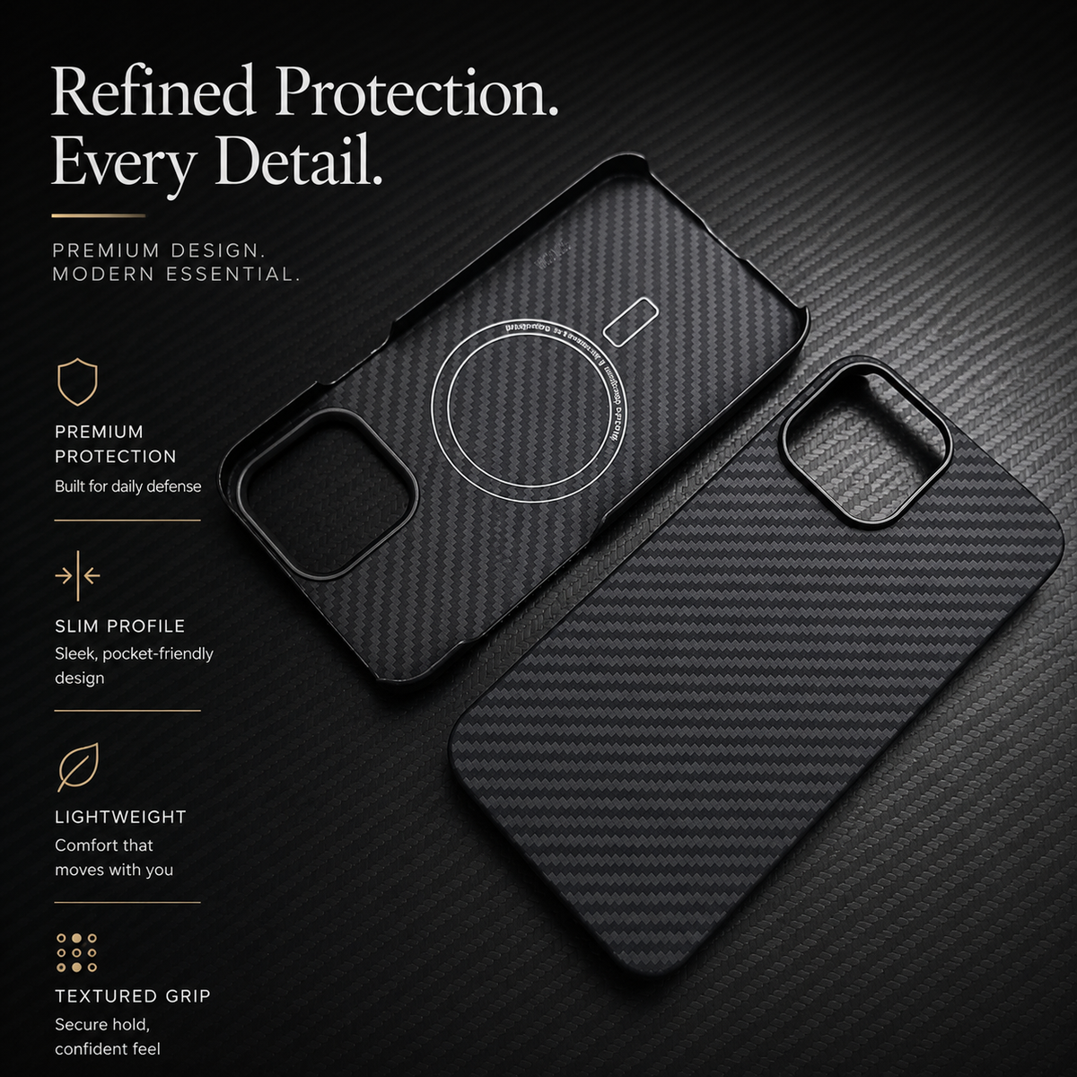 Premium iPhone Case Thin Aramid Fiber MagSafe Cover Ultra Lightweight Carbon Texture Half Wrapped Protective Case