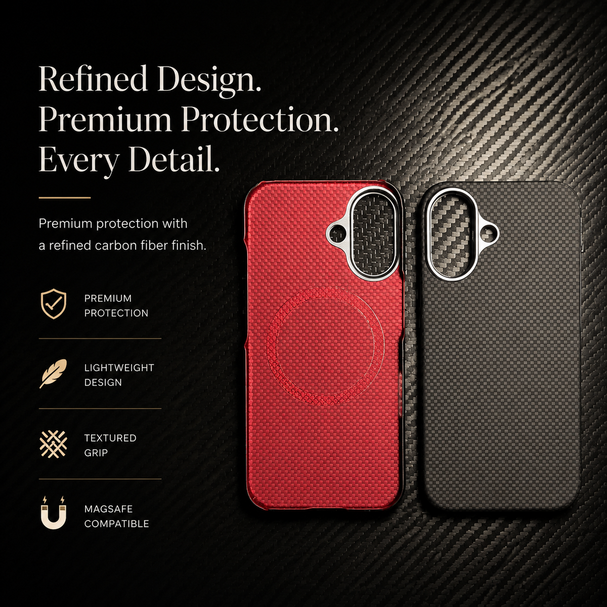 Premium iPhone Case Thin Aramid Fiber MagSafe Cover Ultra Lightweight Carbon Texture Half Wrapped Protective Case
