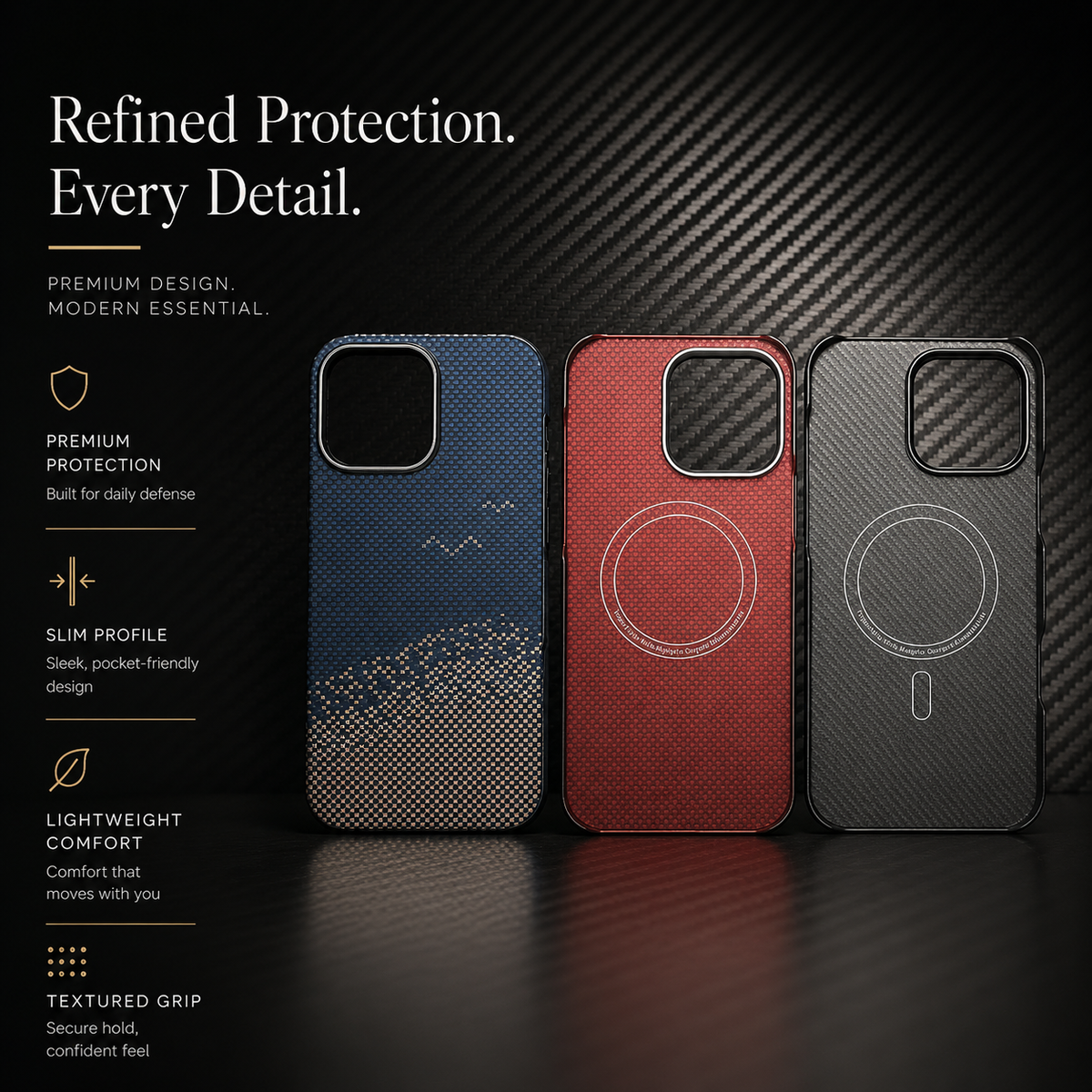 Premium iPhone Case Thin Aramid Fiber MagSafe Cover Ultra Lightweight Carbon Texture Half Wrapped Protective Case